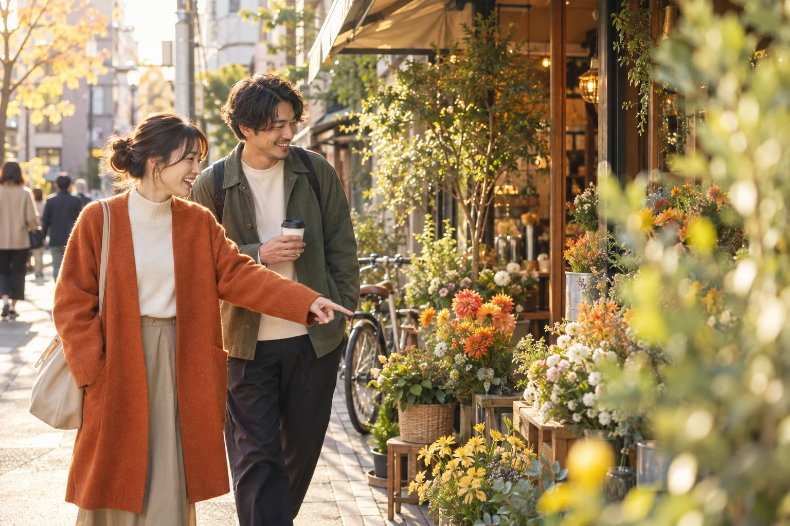 花屋のある街角を友だちと歩き、新しいお店を見つけるイメージ