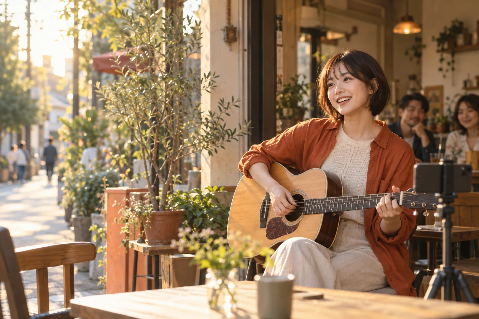 街角のカフェでアコースティック演奏を配信するイメージ